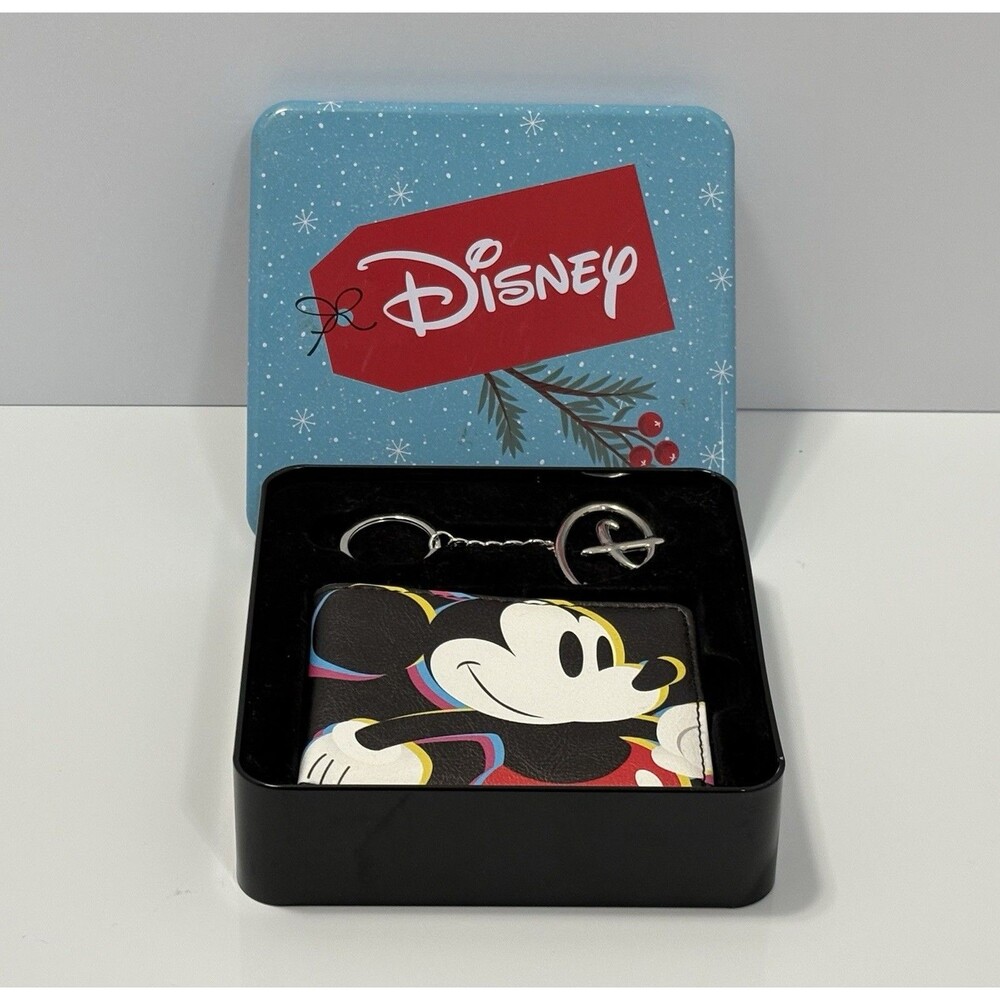 Disney Buckle Down Mickey Mouse Black Bifold Wallet Keychain Metal Tin Gift Box